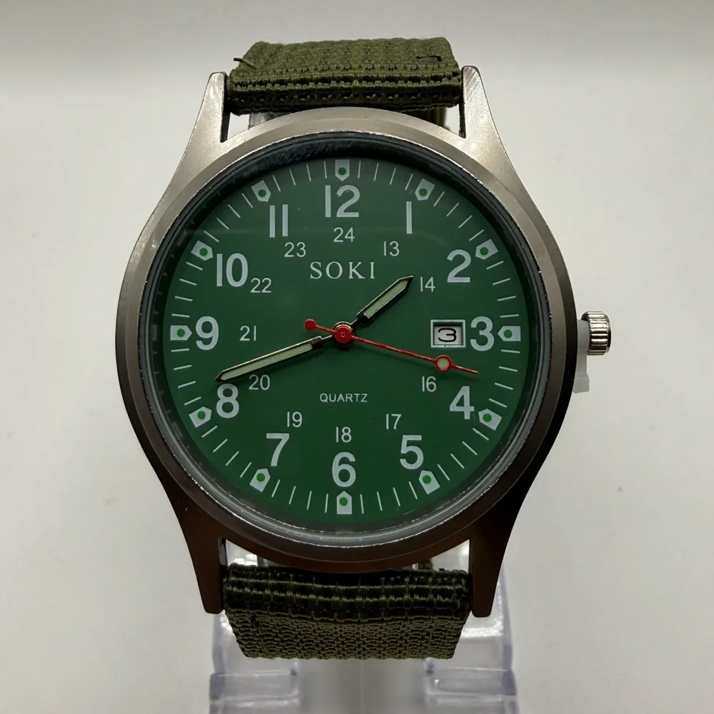 New Soki Canvas Green Face, Military Watch, Date Display, Men's (New Battery)